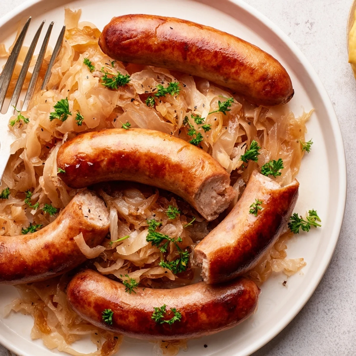 Traditionelle Bratwurst mit Sauerkraut, serviert mit süßem Senf und frischem Brot.  