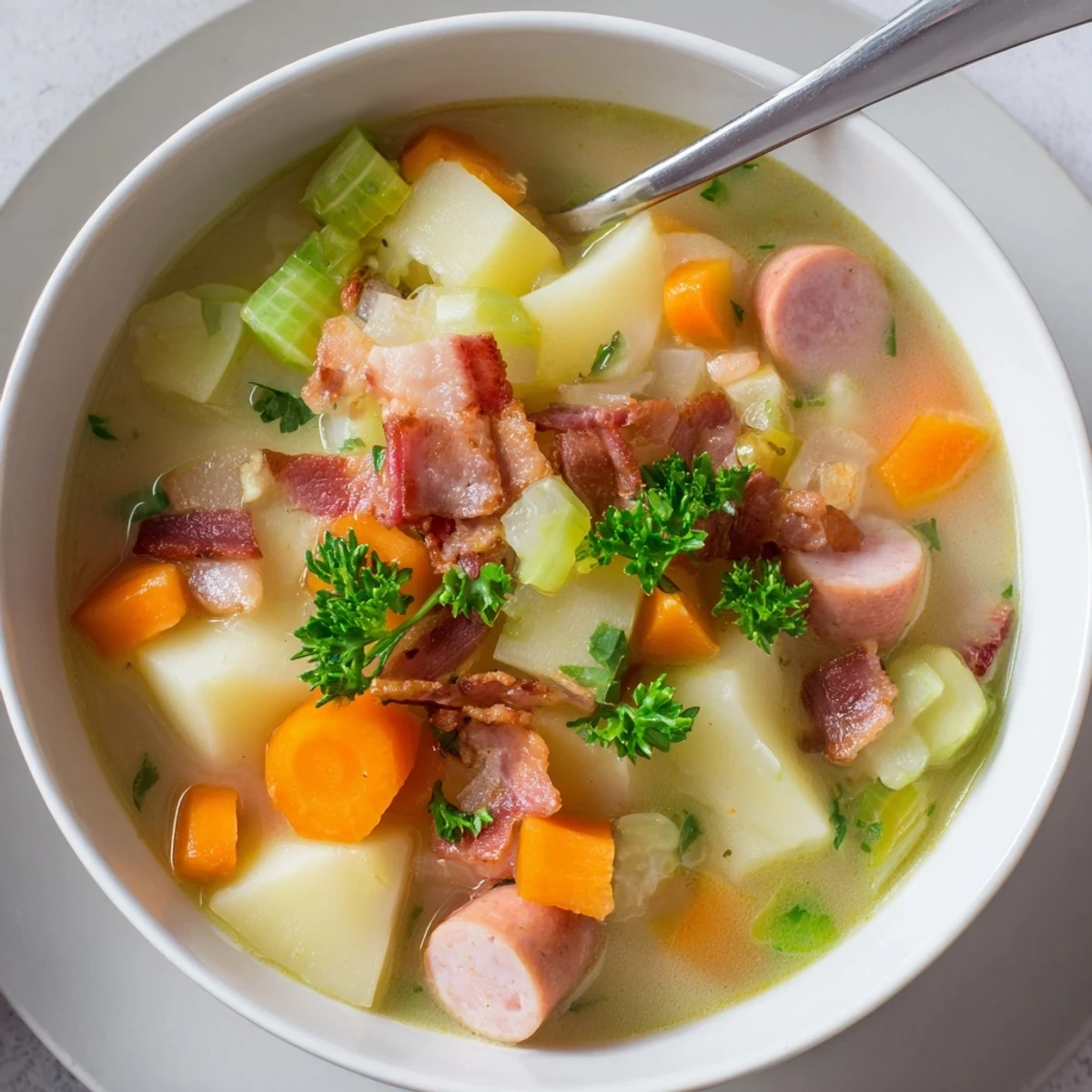 Gedeckte Schüssel mit deutscher Kartoffelsuppe, garniert mit Petersilie und Speckstücken.