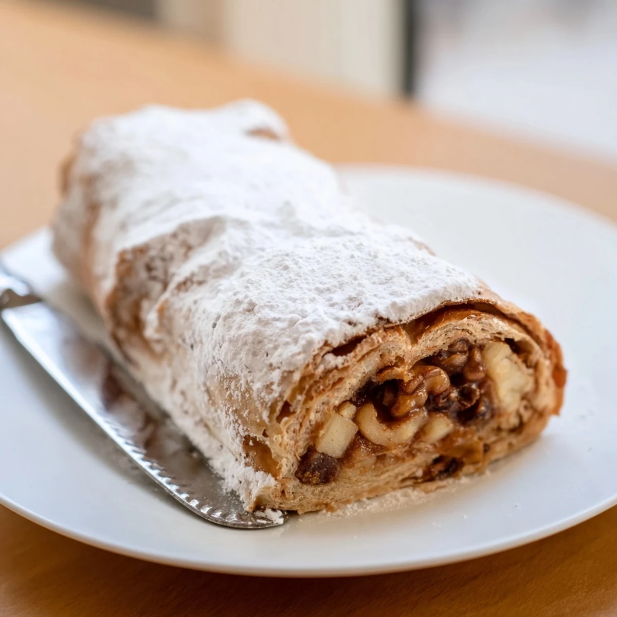 Ein klassischer deutscher Apfelstrudel mit aromatischen, gewürzten Äpfeln, Rosinen und Nüssen. 