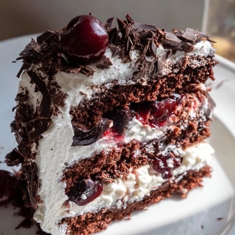Klassischer Schwarzwälder Kirschtorte mit Schokoladenspänen und frischen Kirschen für ein Fest.