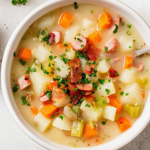 Herzhaft und cremig, die deutsche Kartoffelsuppe mit knusprigem Speck serviert.  